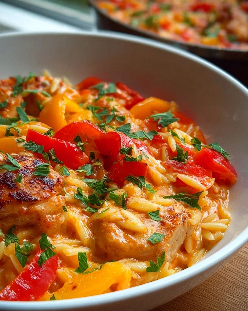 Cremiges Paprika-Hähnchen mit Orzo aus dem Ofen!