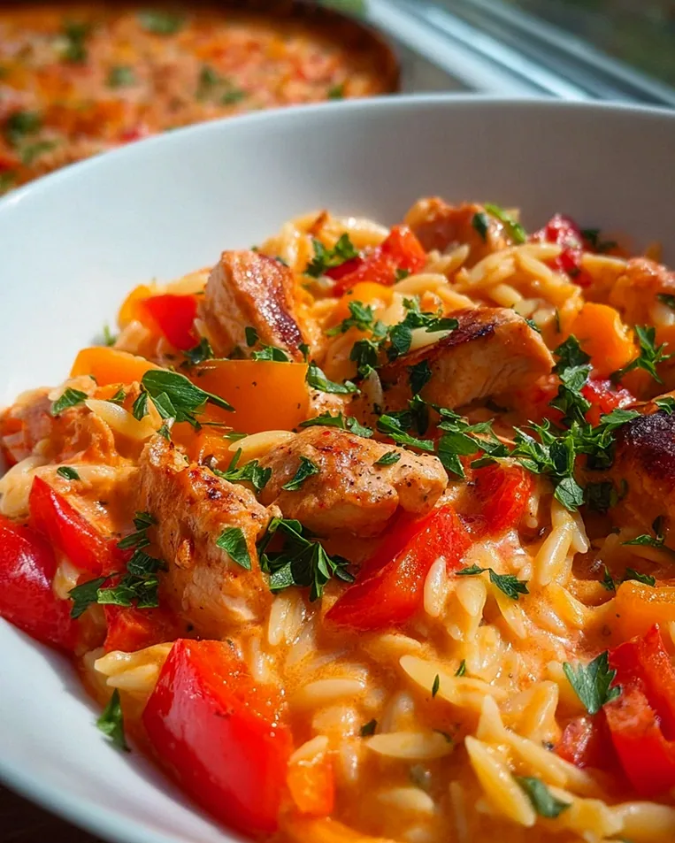 Cremiges Paprika-Hähnchen mit Orzo aus dem Ofen! – Schritt 2