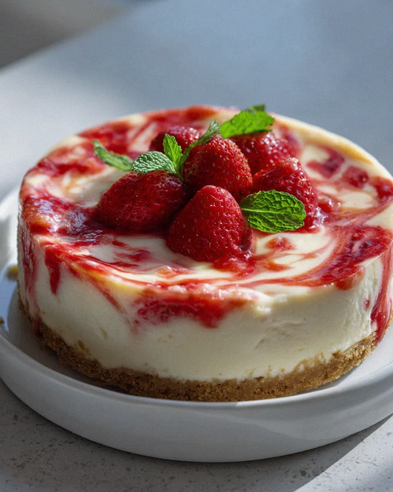 Heavenly Air Fryer Strawberry Swirl Cheesecake