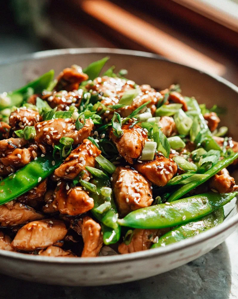 Leckeres Honig-Knoblauch-Hähnchen-Stir Fry mit Zuckererbsen
