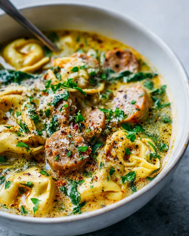 Slow Cooker Rinderwurst & Tortellini Spinat-Suppe – Cremig!