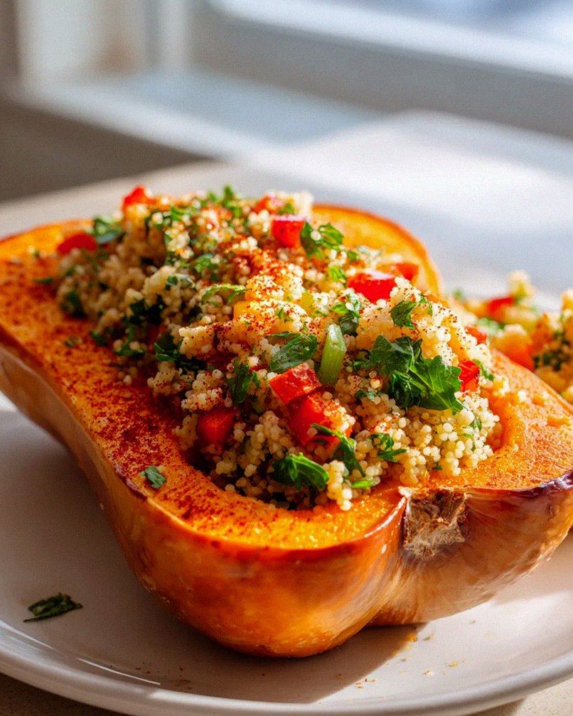 Veganer Butternusskürbis: Cremig-würzige Couscous-Füllung!